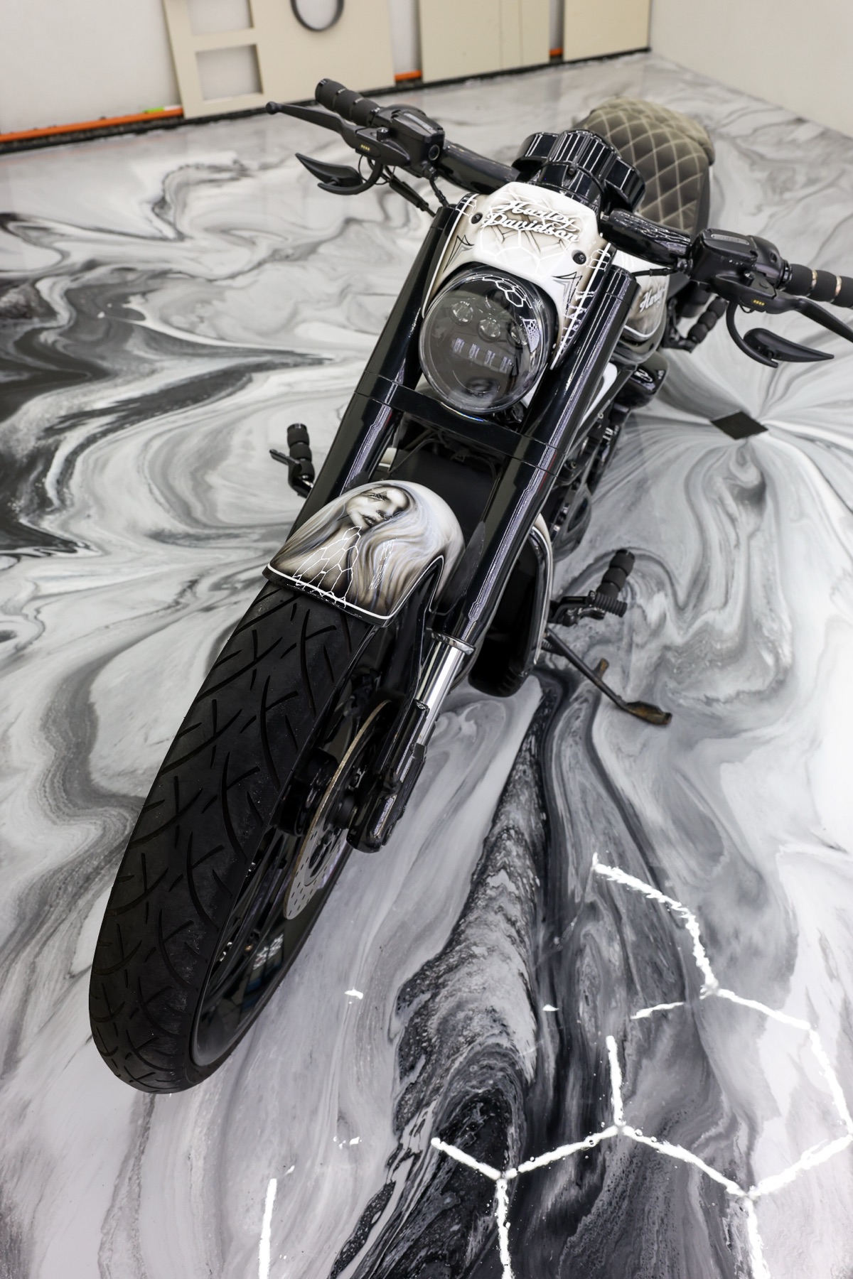 Custom Harley on metallic marble floor