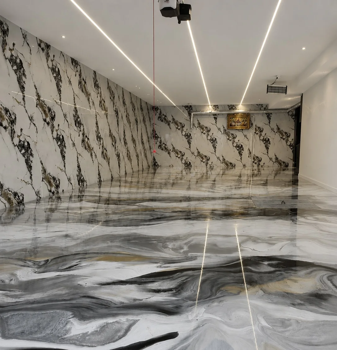 Metallic marble floor with matching feature wall