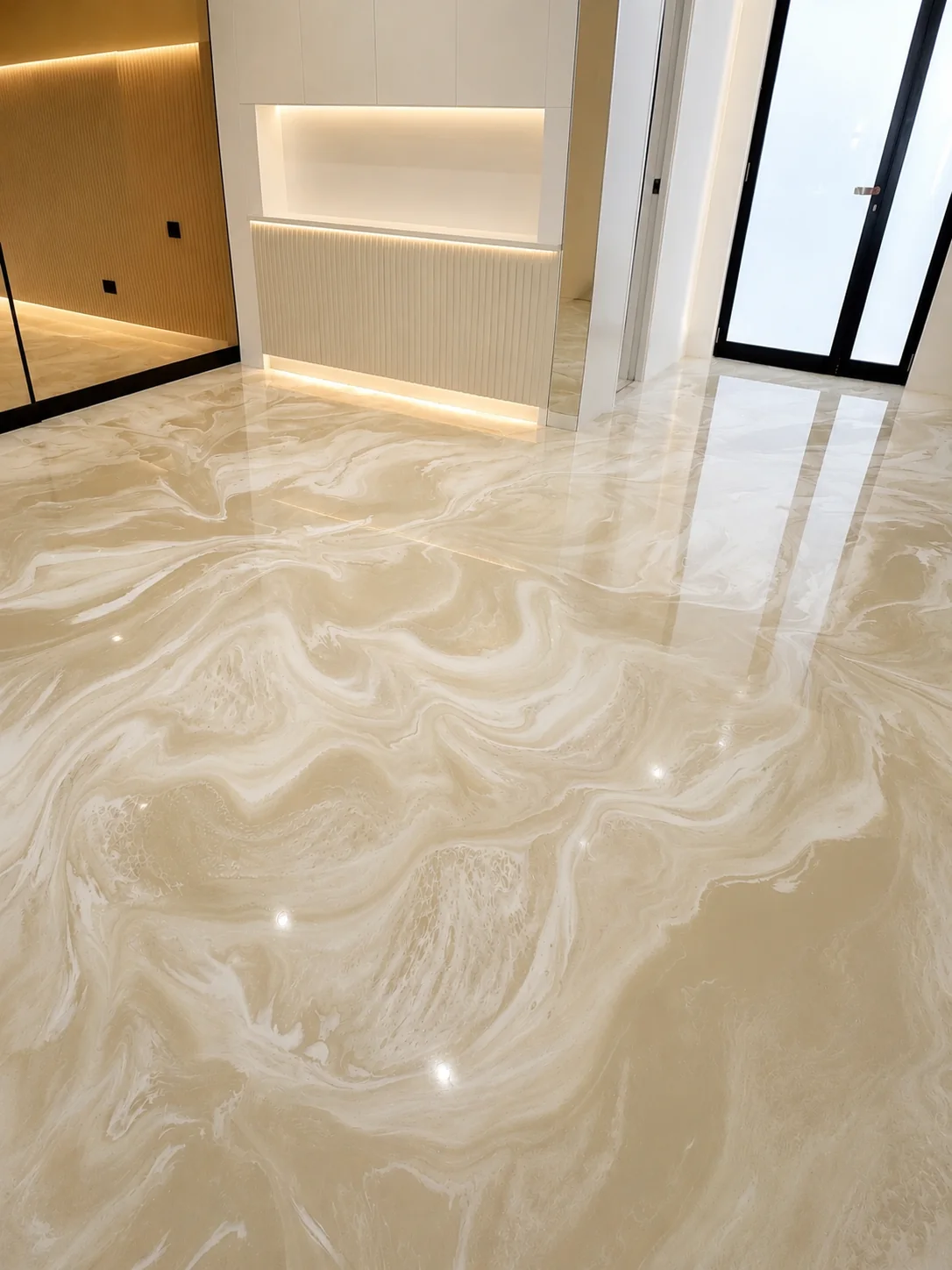 Caramel metallic marble floor in a modern interior